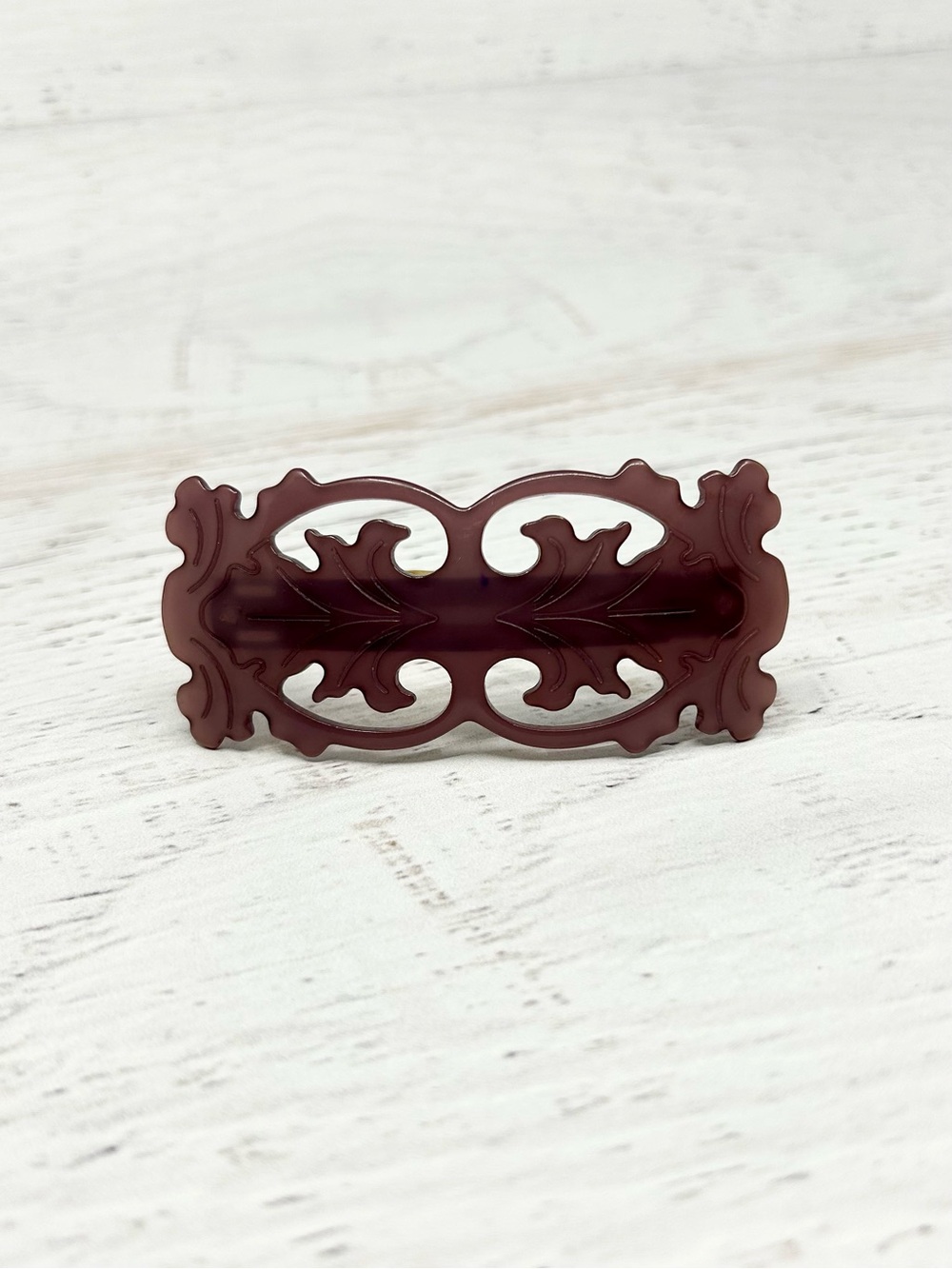 Vintage Laurent Olivier Carved Filigree Leaf Motif Hair Barrette in Deep Plum